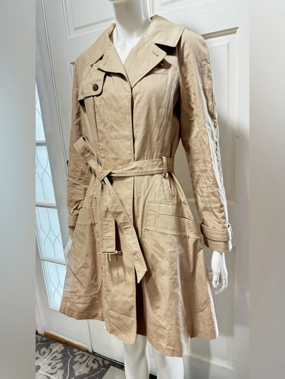 Tory Burch Womens Trench Coat Beige Collared Long Sleeve Buckle Size 6